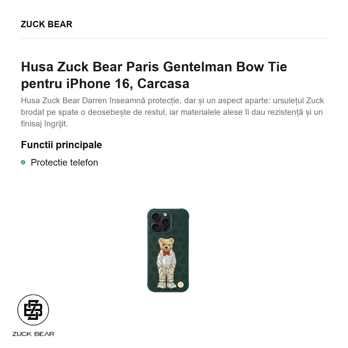 Husa Zuck Bear Paris Gentelman Bow Tie pentru iPhone 16, Carcasa [2]