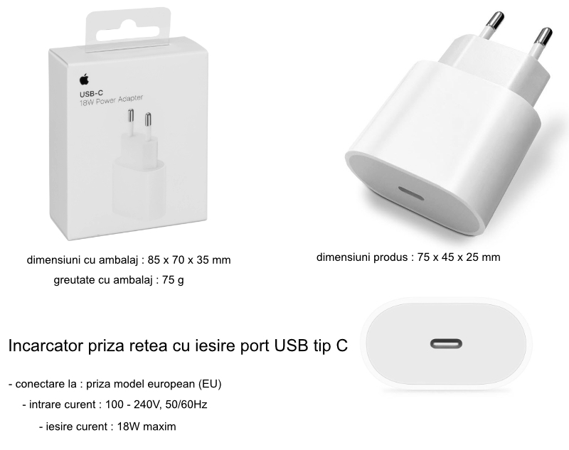 Incarcator 18W cu port USB-C, pentru Apple, A1692, priza retea EU, in blister, alb, 2347 [6]