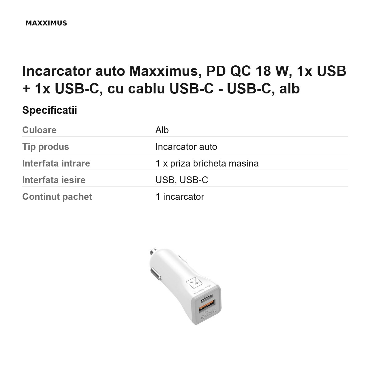 Incarcator auto Maxximus, PD QC 18 W, 1x USB + 1x USB-C, cu cablu USB-C - USB-C, alb [3]