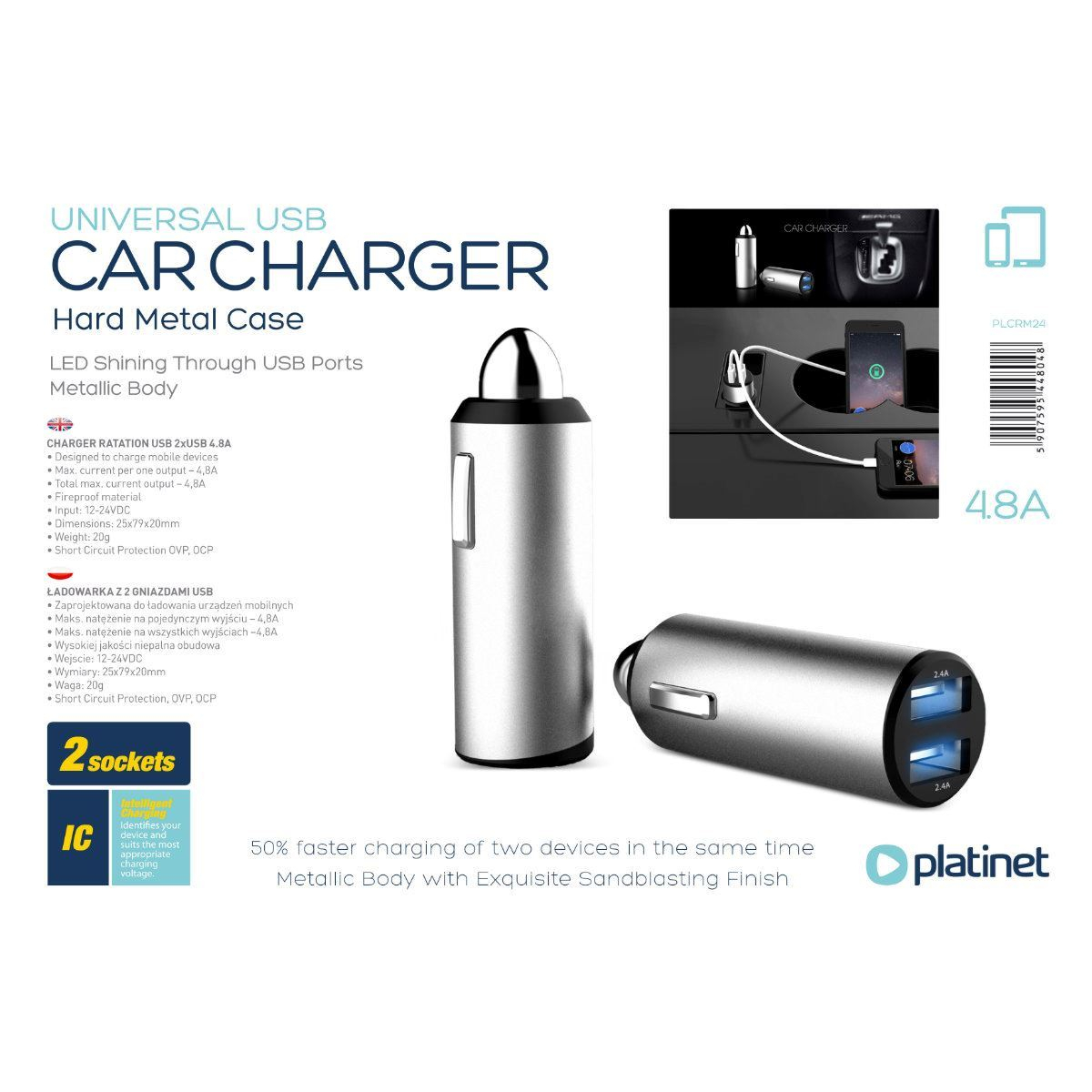 Incarcator auto Platinet 44804, 12-24V DC, 5V 2xUSB 4.8 A, protectie scurt circuit, corp metalic [14]