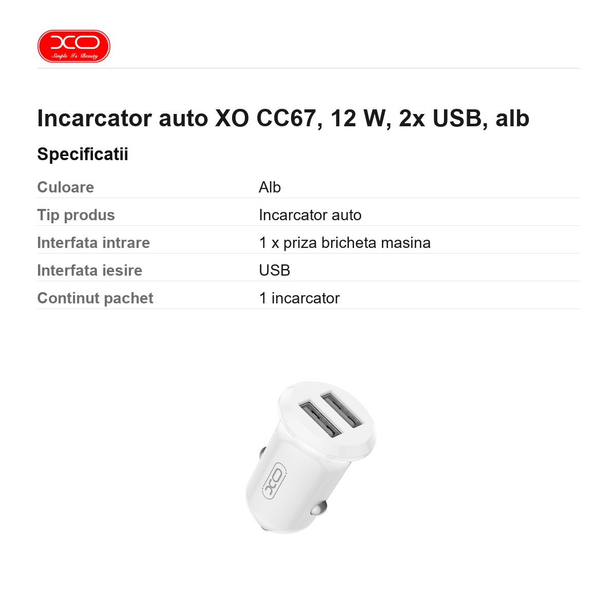 Incarcator auto XO CC67, 12 W, 2x USB, alb [3]