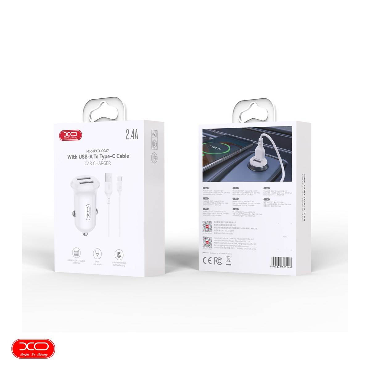 Incarcator auto XO CC67, 12 W, 2x USB, cu cablu USB - USB-C, negru [4]