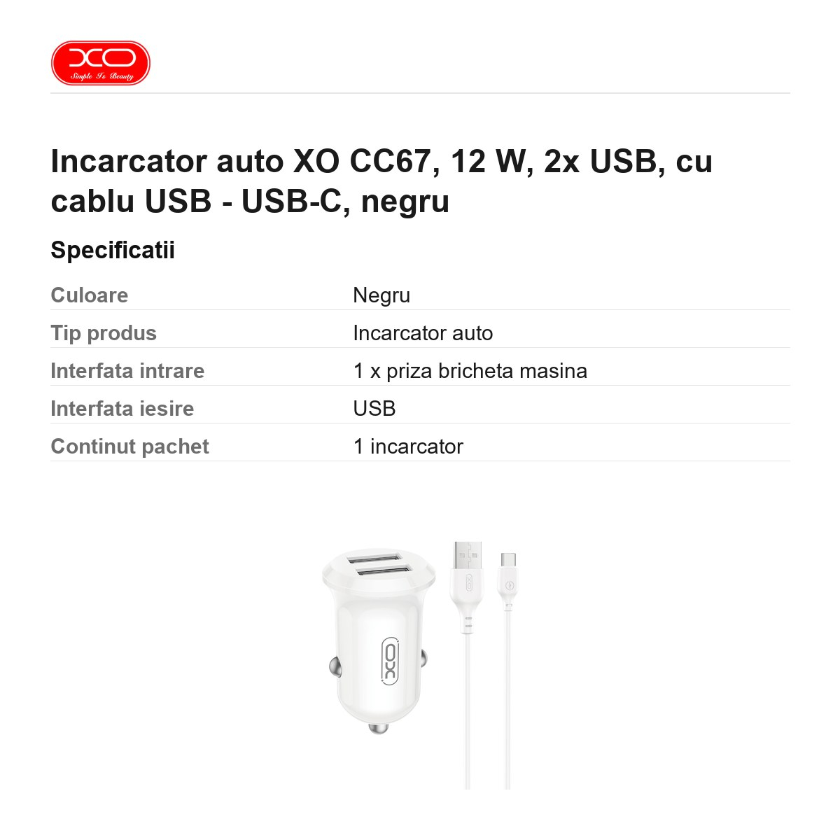 Incarcator auto XO CC67, 12 W, 2x USB, cu cablu USB - USB-C, negru [3]