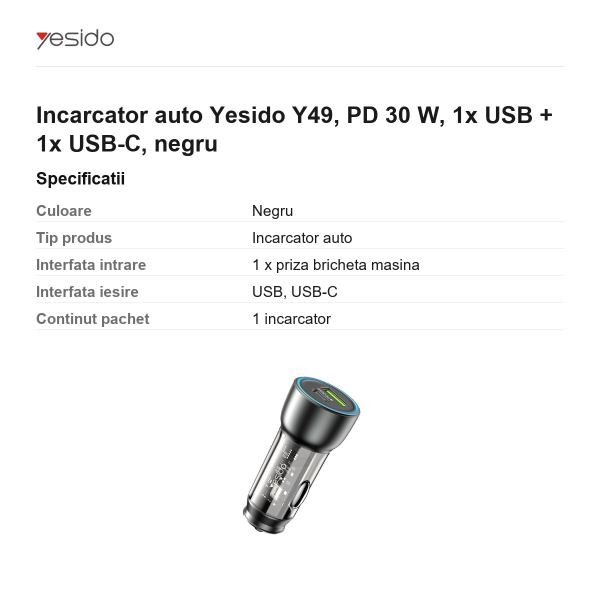 Incarcator auto Yesido Y49, PD 30 W, 1x USB + 1x USB-C, negru [3]