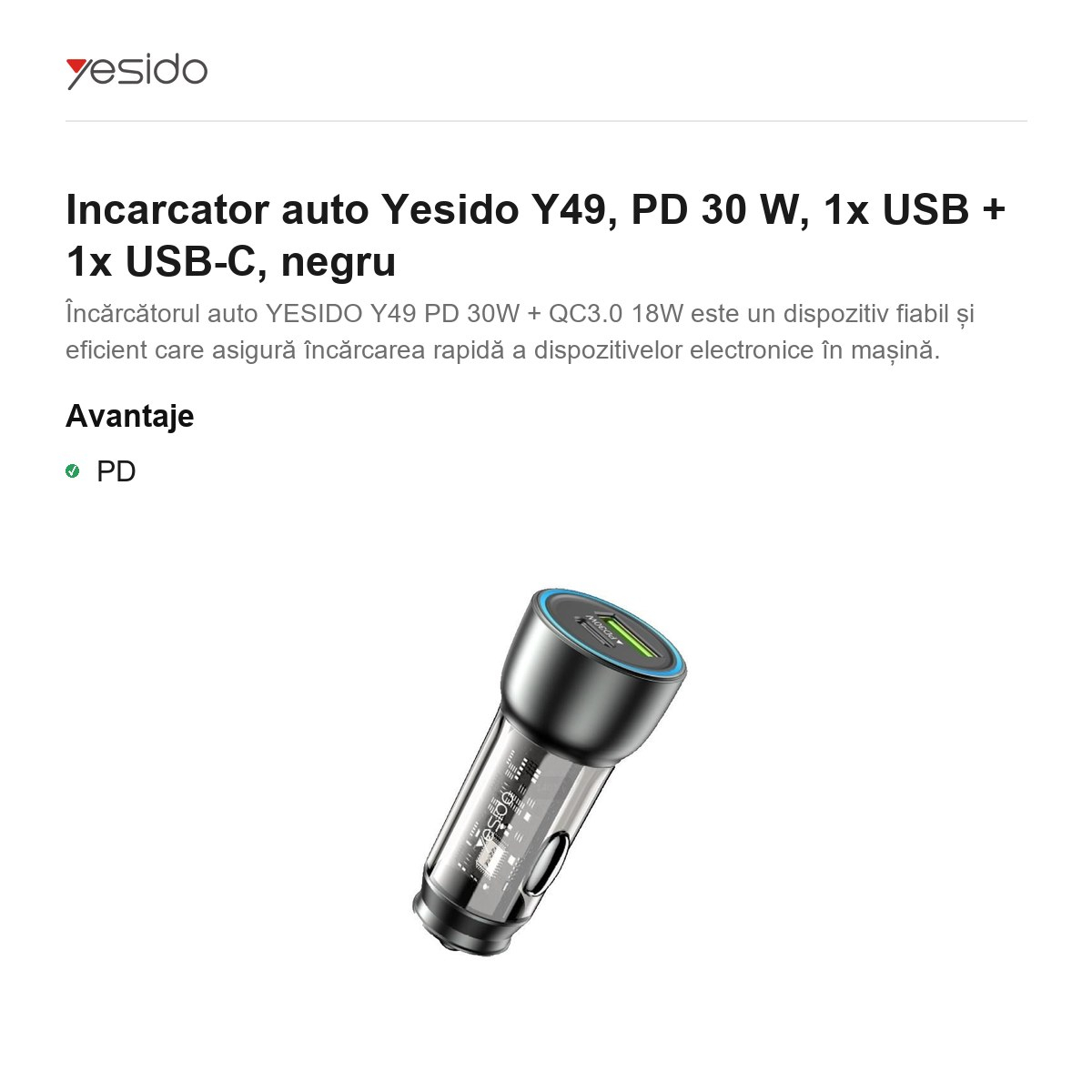 Incarcator auto Yesido Y49, PD 30 W, 1x USB + 1x USB-C, negru [2]