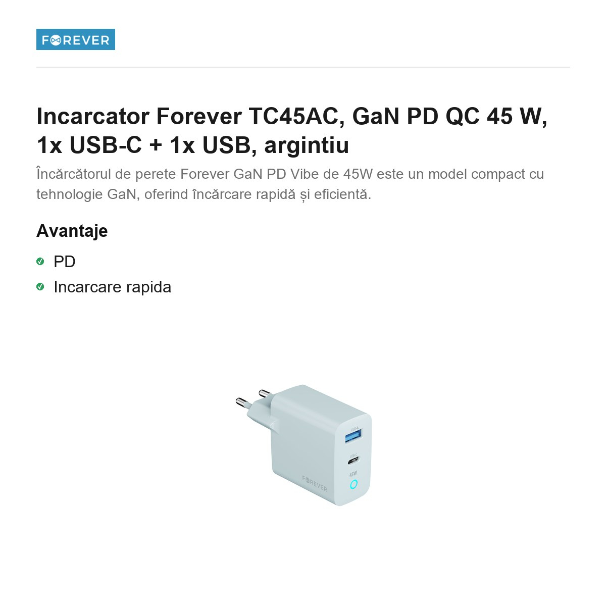 Incarcator Forever TC45AC, GaN PD QC 45 W, 1x USB-C + 1x USB, argintiu [2]