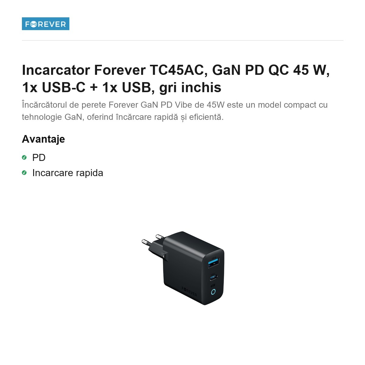 Incarcator Forever TC45AC, GaN PD QC 45 W, 1x USB-C + 1x USB, gri inchis [2]
