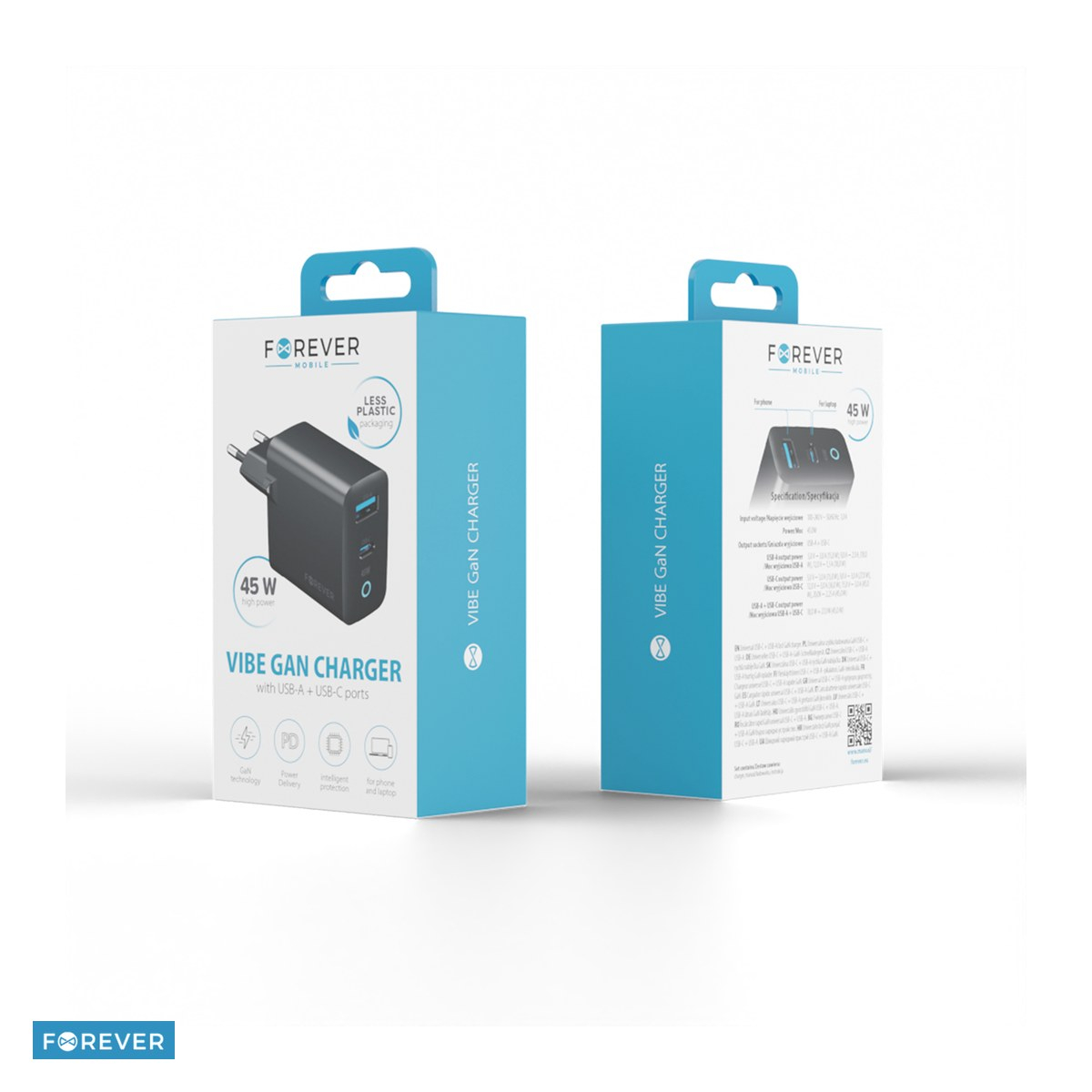 Incarcator Forever TC45AC, GaN PD QC 45 W, 1x USB-C + 1x USB, gri inchis [4]