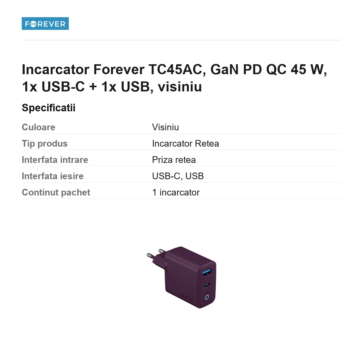 Incarcator Forever TC45AC, GaN PD QC 45 W, 1x USB-C + 1x USB, visiniu [3]
