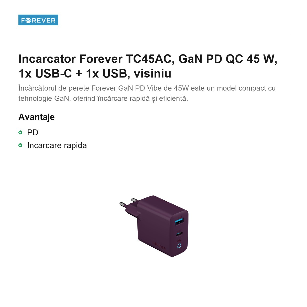 Incarcator Forever TC45AC, GaN PD QC 45 W, 1x USB-C + 1x USB, visiniu [2]