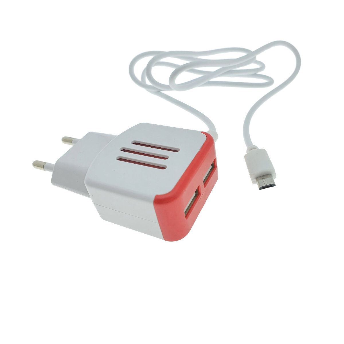 Incarcator la priza Euro, 2 porturi USB, DC 5V 3.1A, LED, cablu 85 cm cu conector microUSB, alb cu rosu [11]
