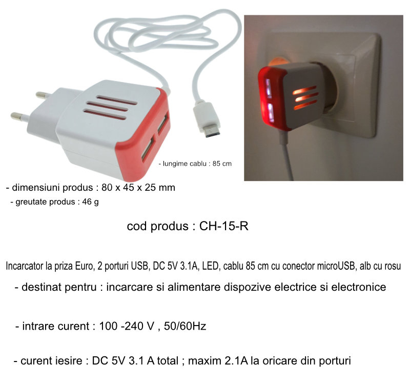 Incarcator la priza Euro, 2 porturi USB, DC 5V 3.1A, LED, cablu 85 cm cu conector microUSB, alb cu rosu [17]