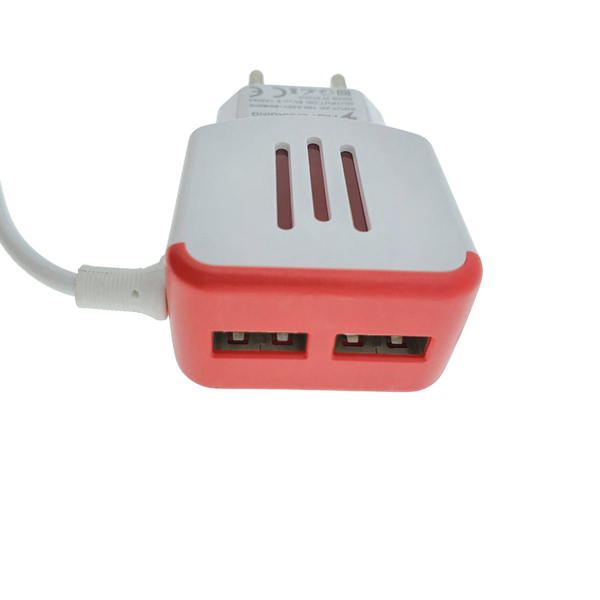 Incarcator la priza Euro, 2 porturi USB, DC 5V 3.1A, LED, cablu 85 cm cu conector microUSB, alb cu rosu [3]