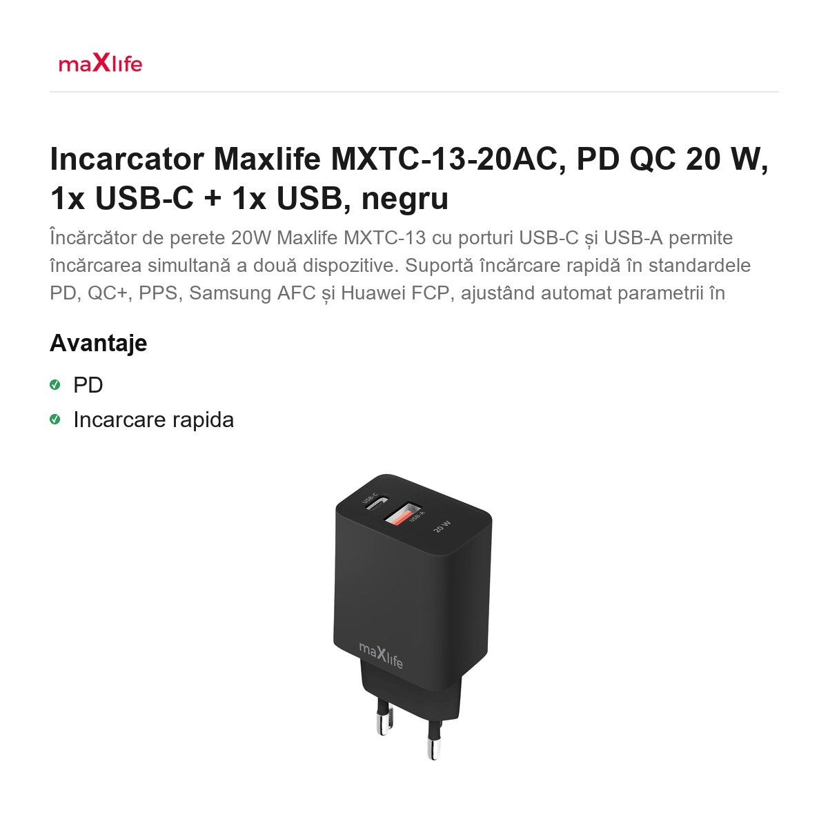 Incarcator Maxlife MXTC-13-20AC, PD QC 20 W, 1x USB-C + 1x USB, negru [2]