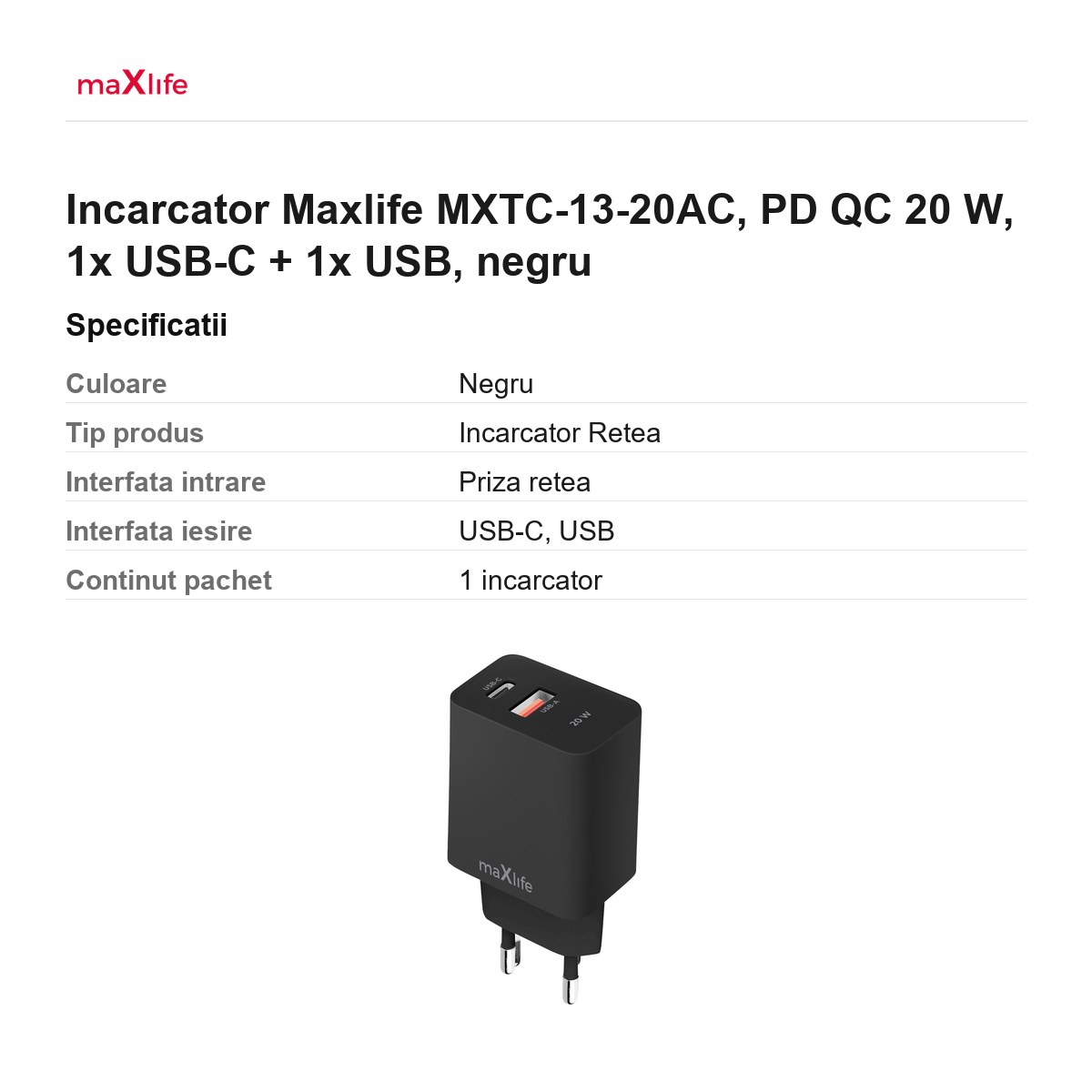 Incarcator Maxlife MXTC-13-20AC, PD QC 20 W, 1x USB-C + 1x USB, negru [3]