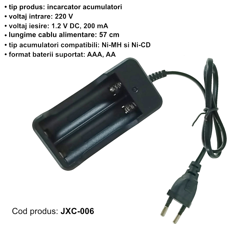 Incarcator pentru 2 acumulatori tip AA-AAA, JXC-006, conectare la 220V, cablu de 57cm, negru [4]