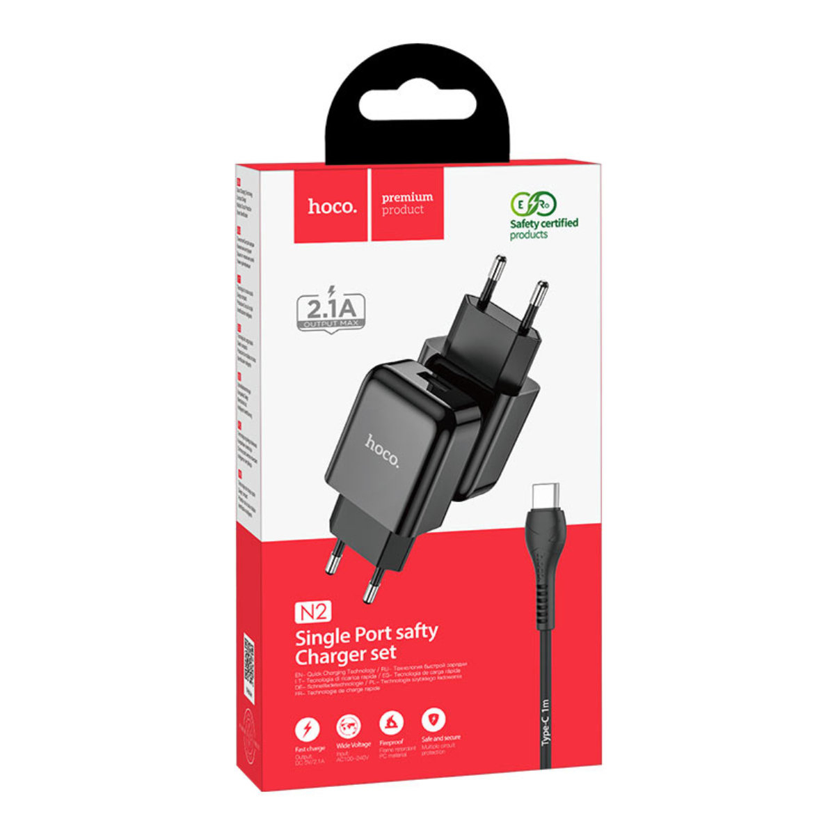 Incarcator priza EU, HOCO N2 Vigour, cu cablu Type C, lungime 1m, 5V / 2.1 A, 1 x USB, negru [14]