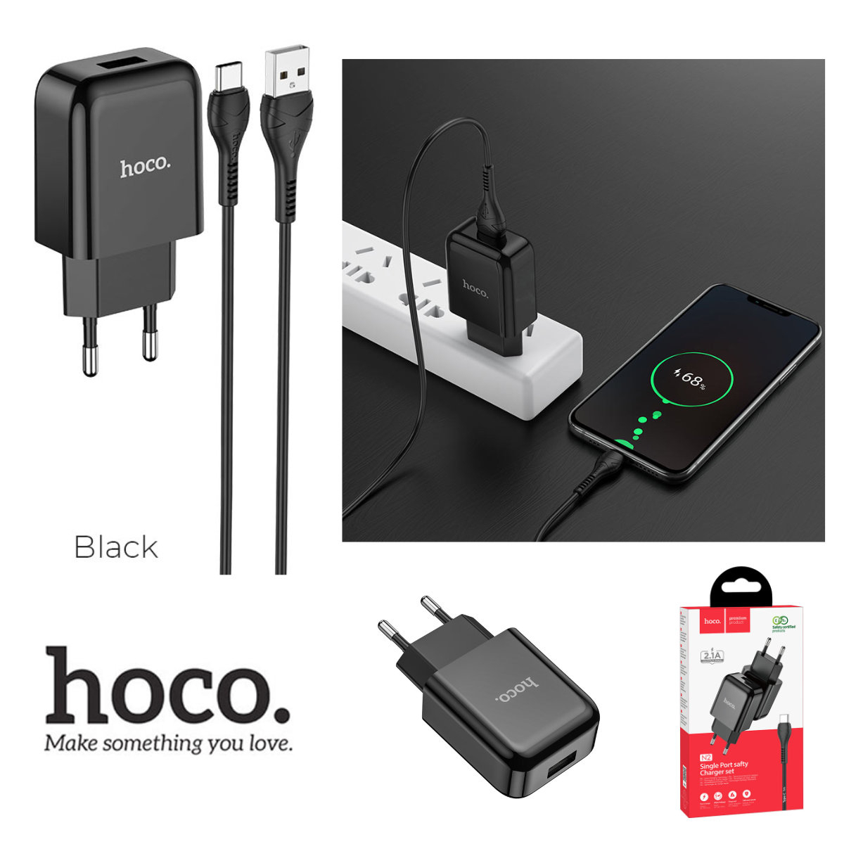 Incarcator priza EU, HOCO N2 Vigour, cu cablu Type C, lungime 1m, 5V / 2.1 A, 1 x USB, negru [13]