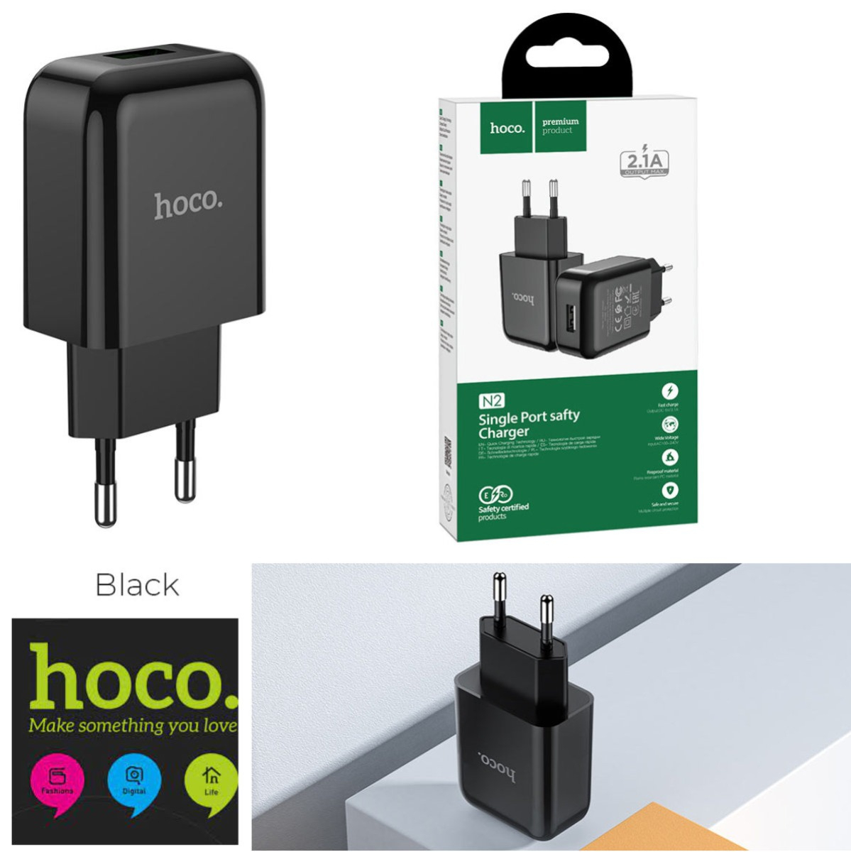 Incarcator priza EU, HOCO N2 Vigour Fast Charge, 5V / 2.1 A, 1 x USB, negru [11]
