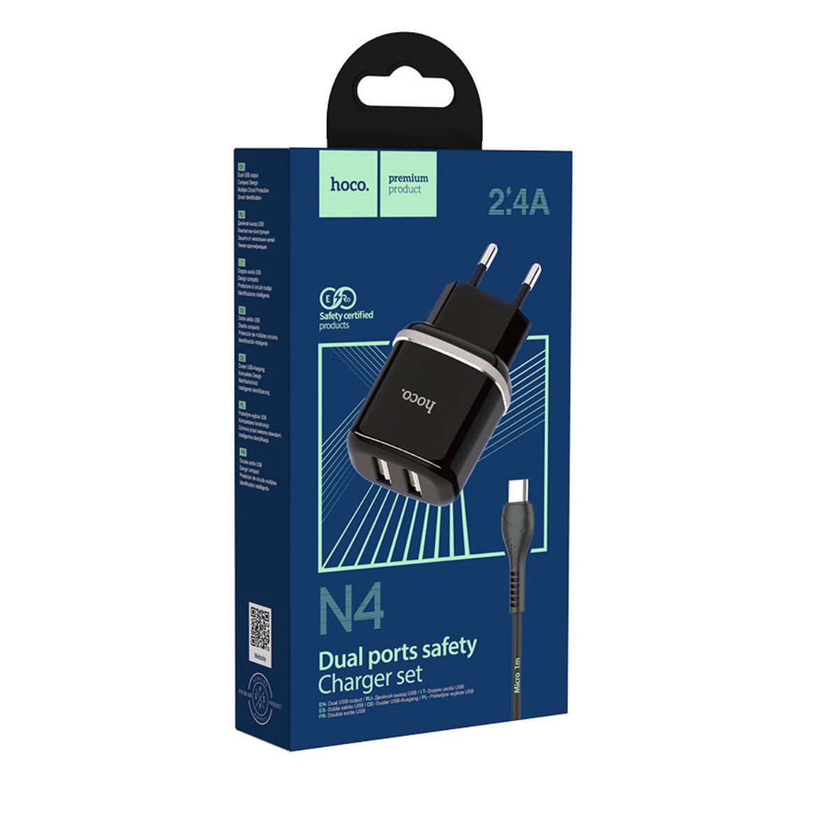 Incarcator priza EU, HOCO N4 Aspiring 12W, cu cablu microUSB, lungime 1m, 5V / 2.4 A, 2 x USB, negru [11]