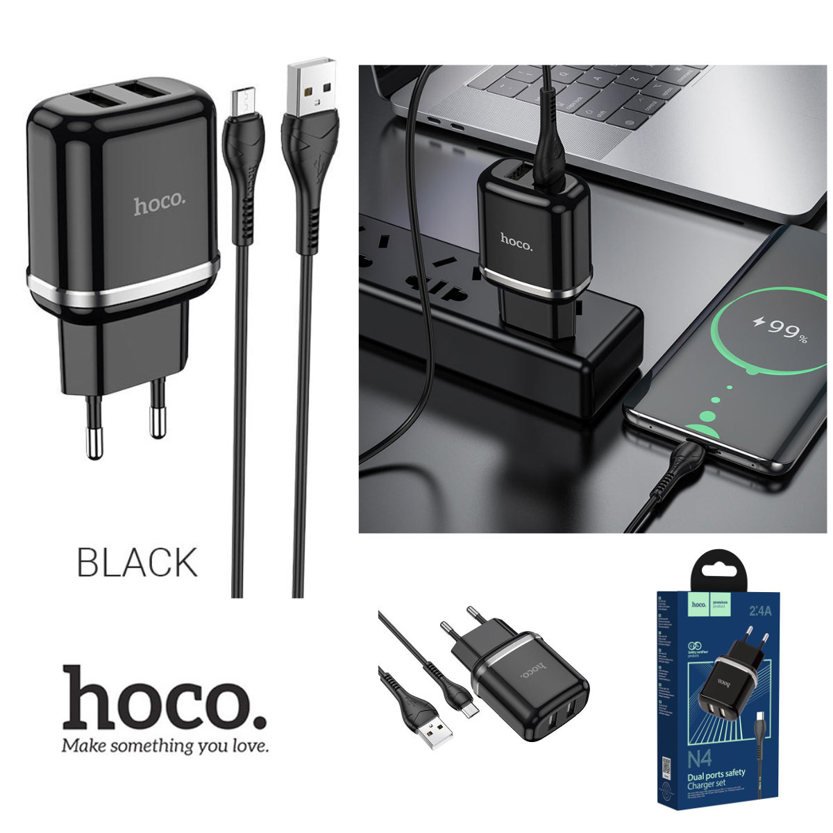 Incarcator priza EU, HOCO N4 Aspiring 12W, cu cablu microUSB, lungime 1m, 5V / 2.4 A, 2 x USB, negru [10]