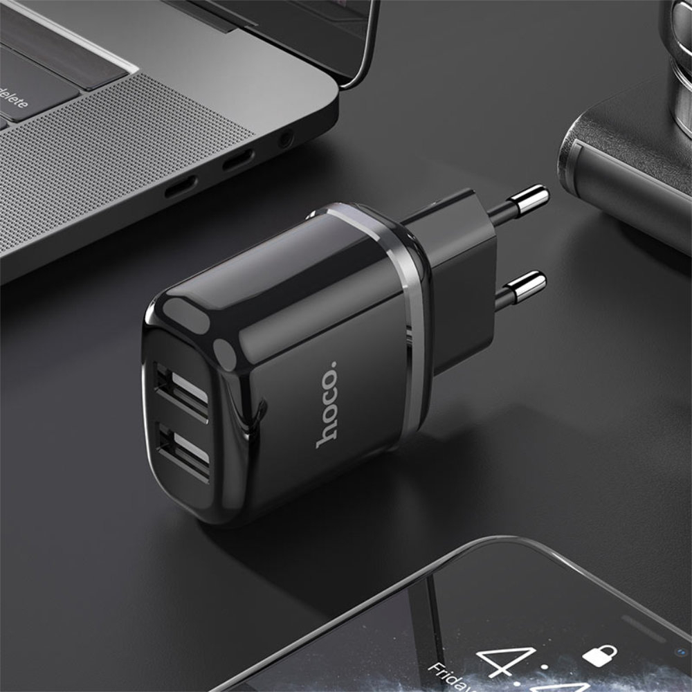 Incarcator priza EU, HOCO N4 Dual Ports Fast Charge, 5V / 2.4 A, 2 porturi USB, negru [10]