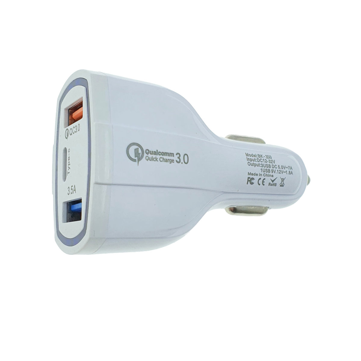 Incarcator rapid auto 35W, cu 3 porturi, USB tip C, USB QC 3.0 si USB 3.5A, 12 - 32 V, cu protectie, alb [3]