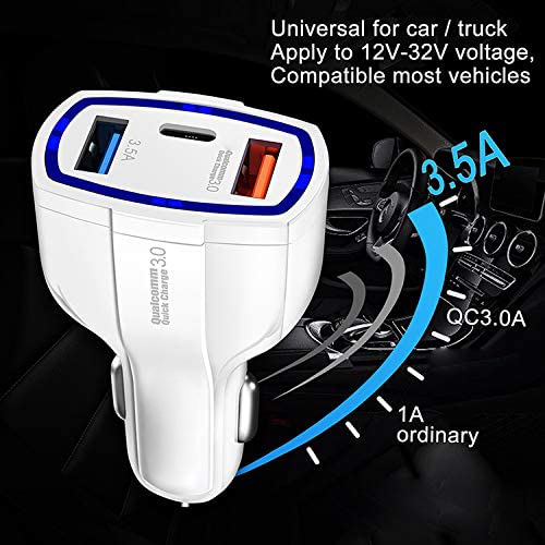 Incarcator rapid auto 35W, cu 3 porturi, USB tip C, USB QC 3.0 si USB 3.5A, 12 - 32 V, cu protectie, alb [10]