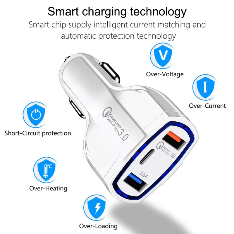 Incarcator rapid auto 35W, cu 3 porturi, USB tip C, USB QC 3.0 si USB 3.5A, 12 - 32 V, cu protectie, alb [8]