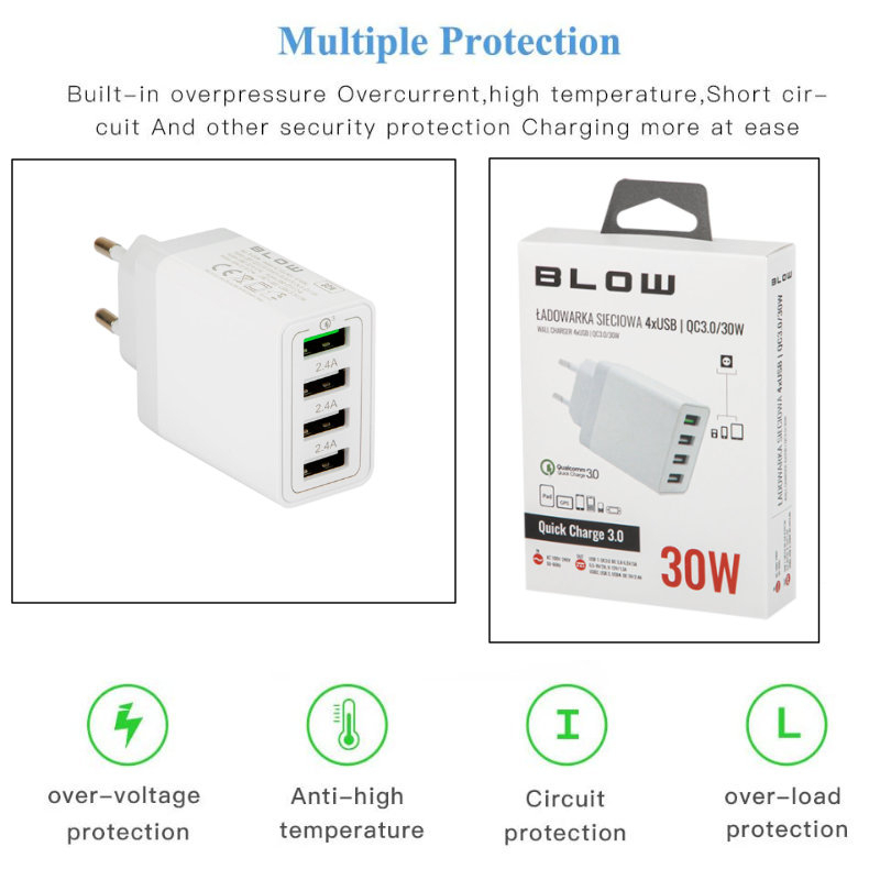 Incarcator rapid de perete QC 3.0, 30W, 5.4A, 4xUSB, Blow 11760, 100-240V, alb [8]