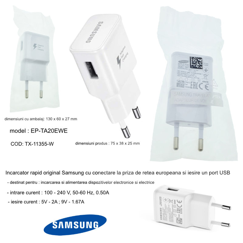 Incarcator rapid la priza retea la 1 x USB, Samsung EP-TA20EWE Adaptive Fast Charging, 5V 2A, alb [10]