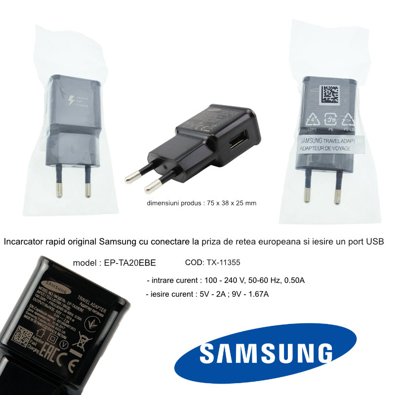 Incarcator rapid priza retea la 1 x USB, Samsung EP-TA20EBE Adaptive Fast Charging, 5V 2A, negru [6]