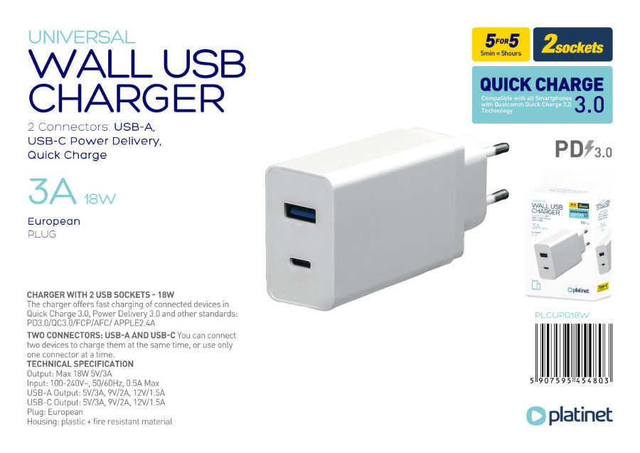 Incarcator retea 18W 3A, Platinet 45480, QC3.0 PD3.0 , porturi 1 x USB si 1 x USB tip C, intrare curent 100 - 240 V, alb [5]