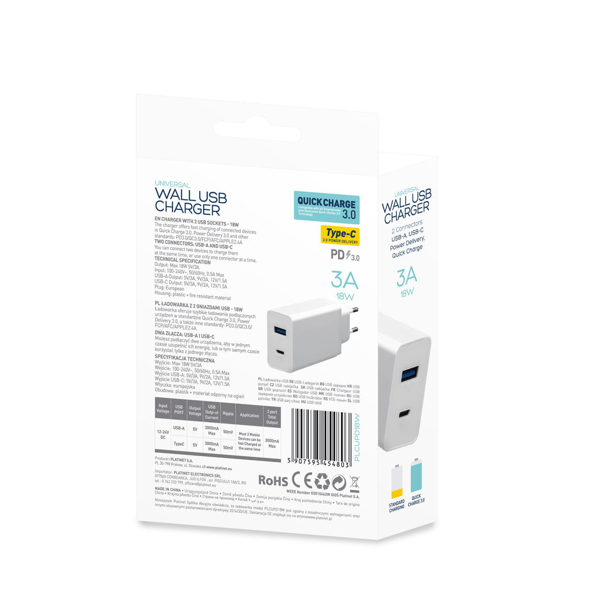 Incarcator retea 18W 3A, Platinet 45480, QC3.0 PD3.0 , porturi 1 x USB si 1 x USB tip C, intrare curent 100 - 240 V, alb [9]
