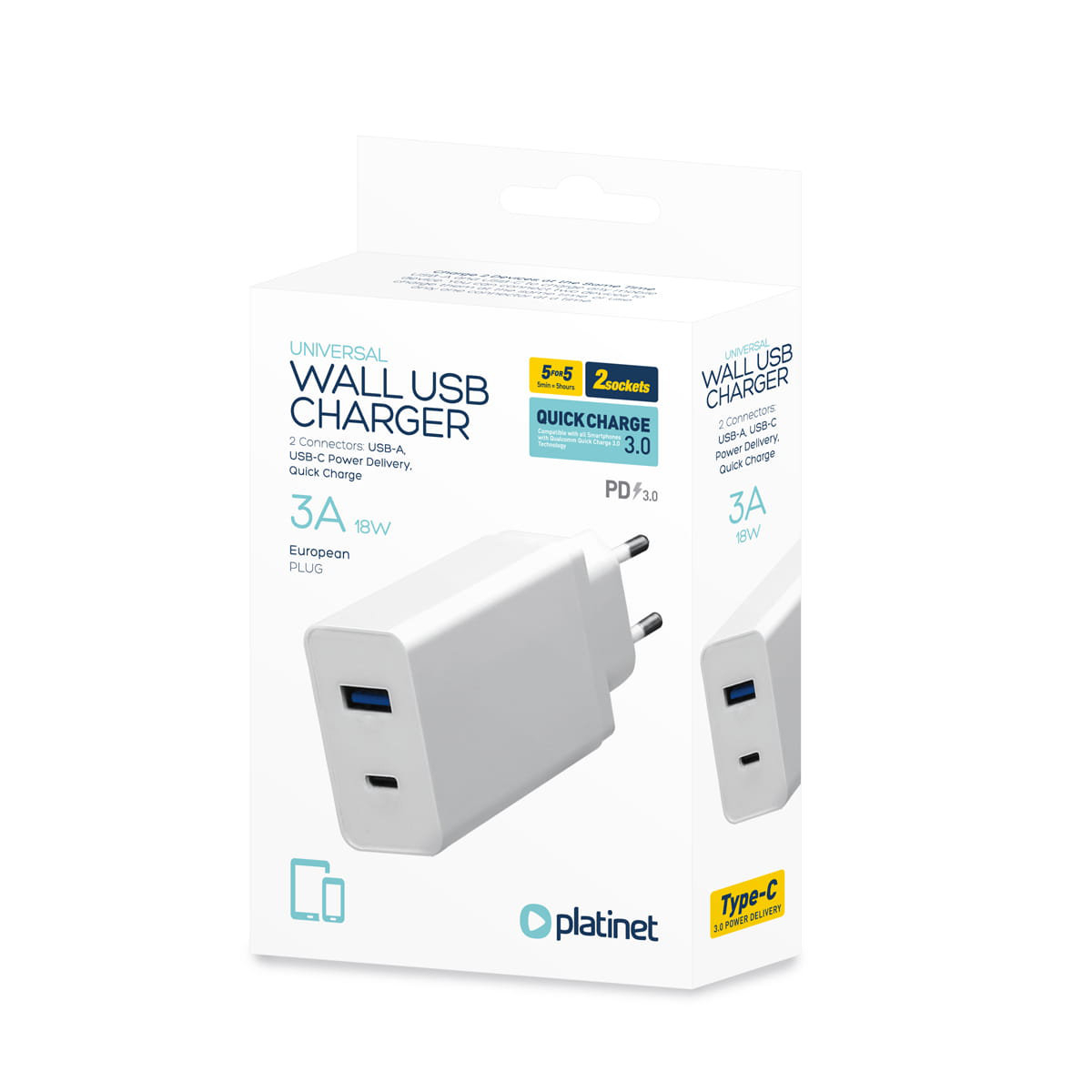 Incarcator retea 18W 3A, Platinet 45480, QC3.0 PD3.0 , porturi 1 x USB si 1 x USB tip C, intrare curent 100 - 240 V, alb [8]
