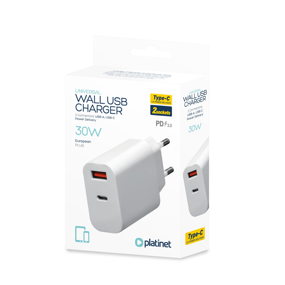 Incarcator retea 30W , Platinet 45481, QC3.0 PD3.0 , porturi 1 x USB si 1 x USB tip C, intrare curent 100 - 240 V, alb [8]
