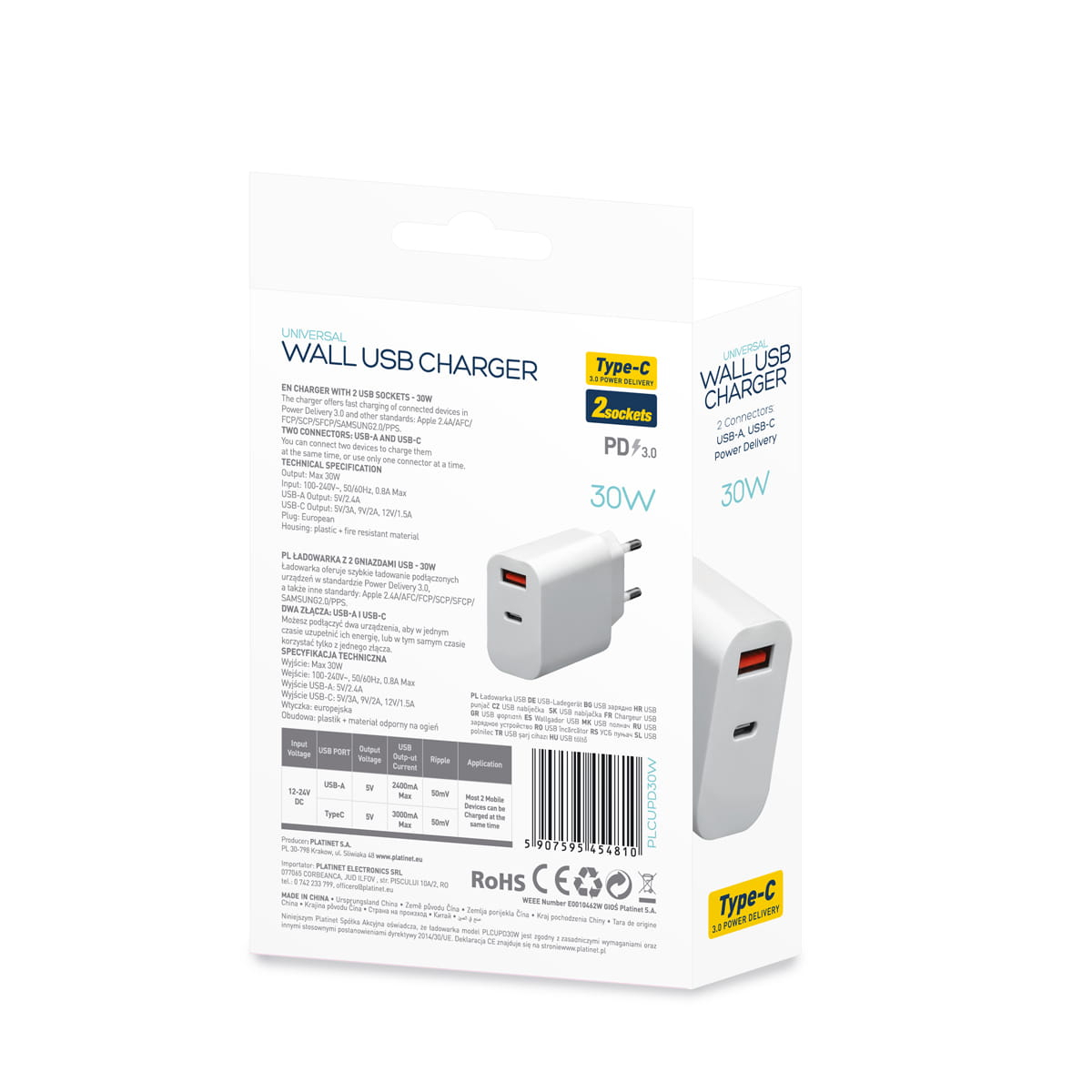 Incarcator retea 30W , Platinet 45481, QC3.0 PD3.0 , porturi 1 x USB si 1 x USB tip C, intrare curent 100 - 240 V, alb [4]