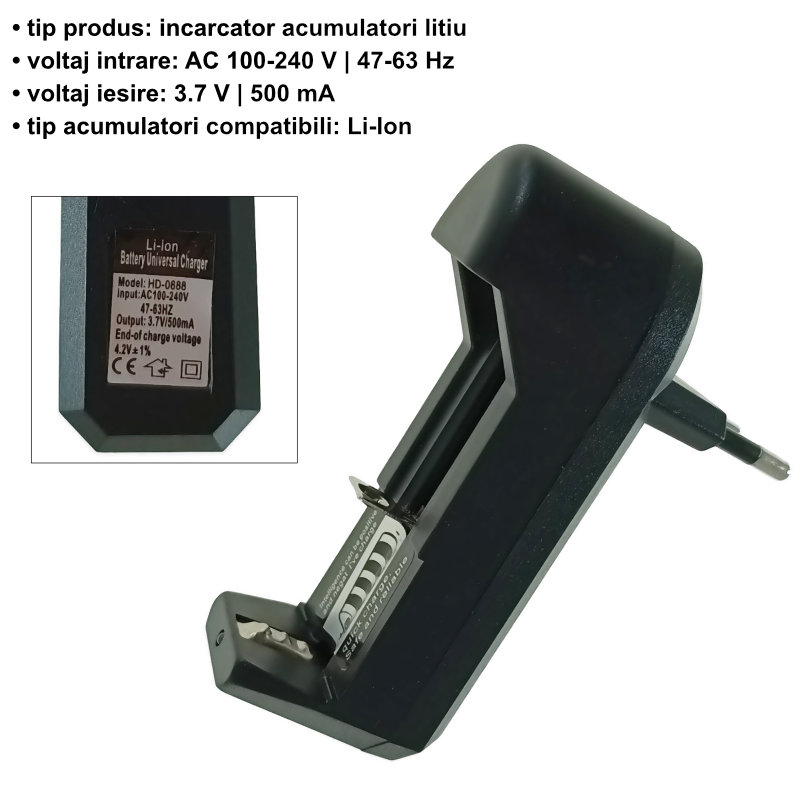 Incarcator universal pentru acumulatori Li-Ion, 3.8V, 500mA, 18650, conectare la 220V, (TG-088)negru [6]