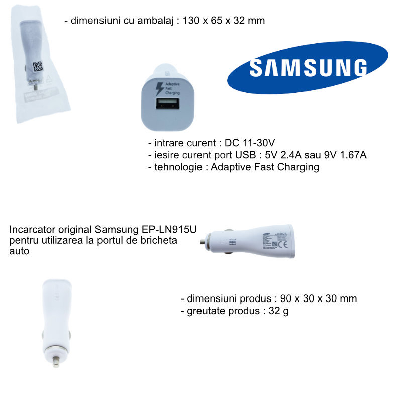 Incarcator USB pentru auto, Samsung EP-LN915U, Adaptive Fast Charging, DC 11-30V, 5V 2A sau 9V 1.67A, alb [7]