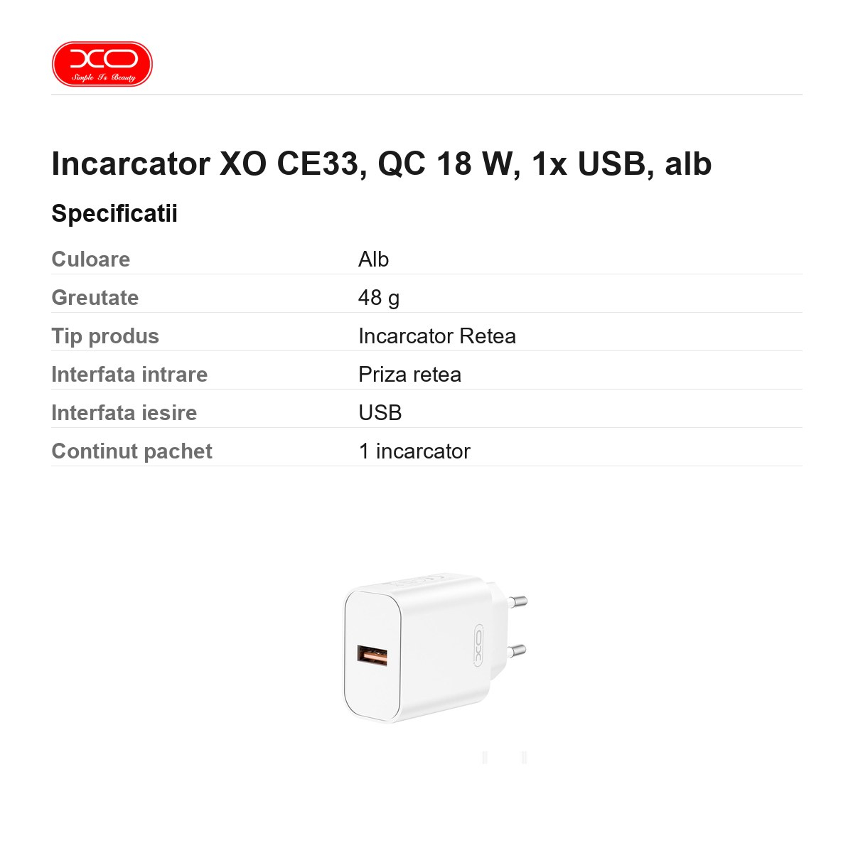 Incarcator XO CE33, QC 18 W, 1x USB, alb [3]