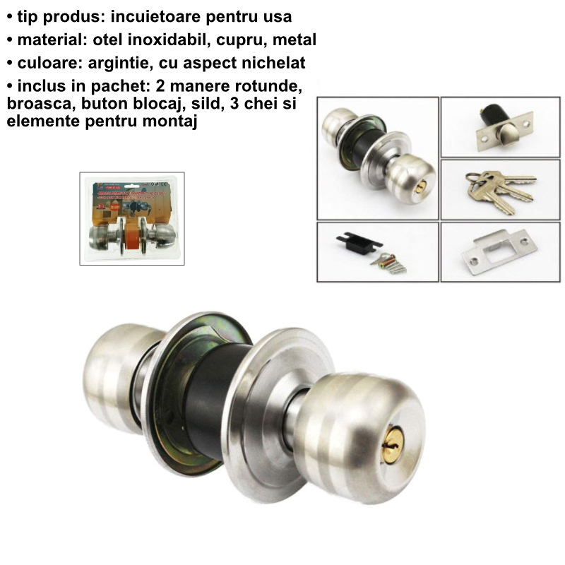 Incuietoare de usa cu manere rotunde, ZQ-5831, FAM-65852, 3 chei, sistem anti-blocare, din otel, set complet, nichelat [3]