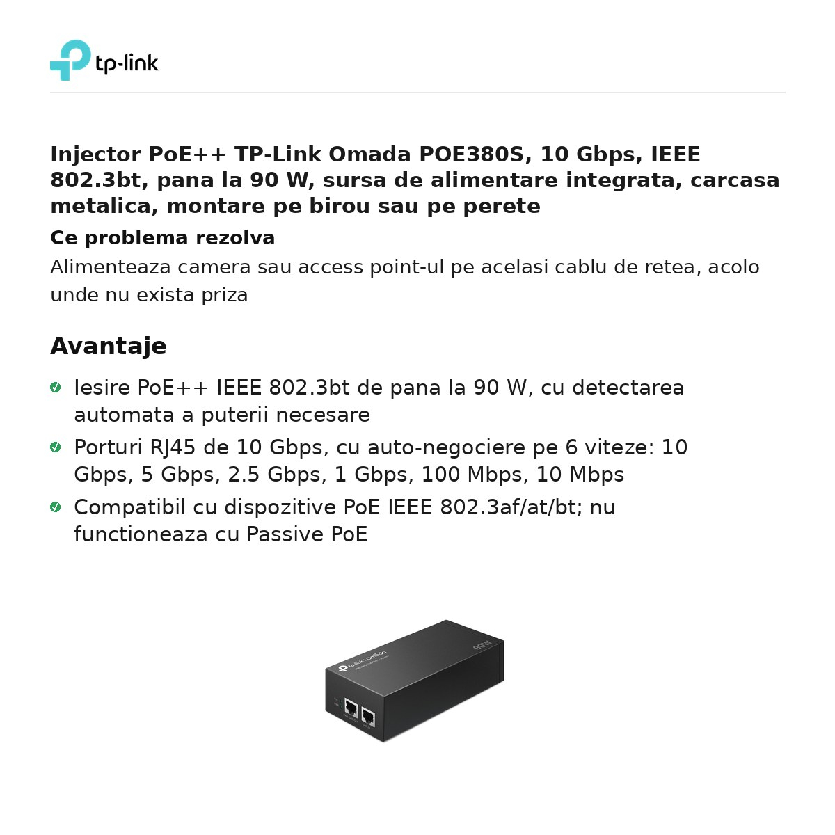 Injector PoE++ TP-Link Omada POE380S, 10 Gbps, IEEE 802.3bt, pana la 90 W, sursa de alimentare integrata, carcasa metalica, montare pe birou sau pe perete [2]