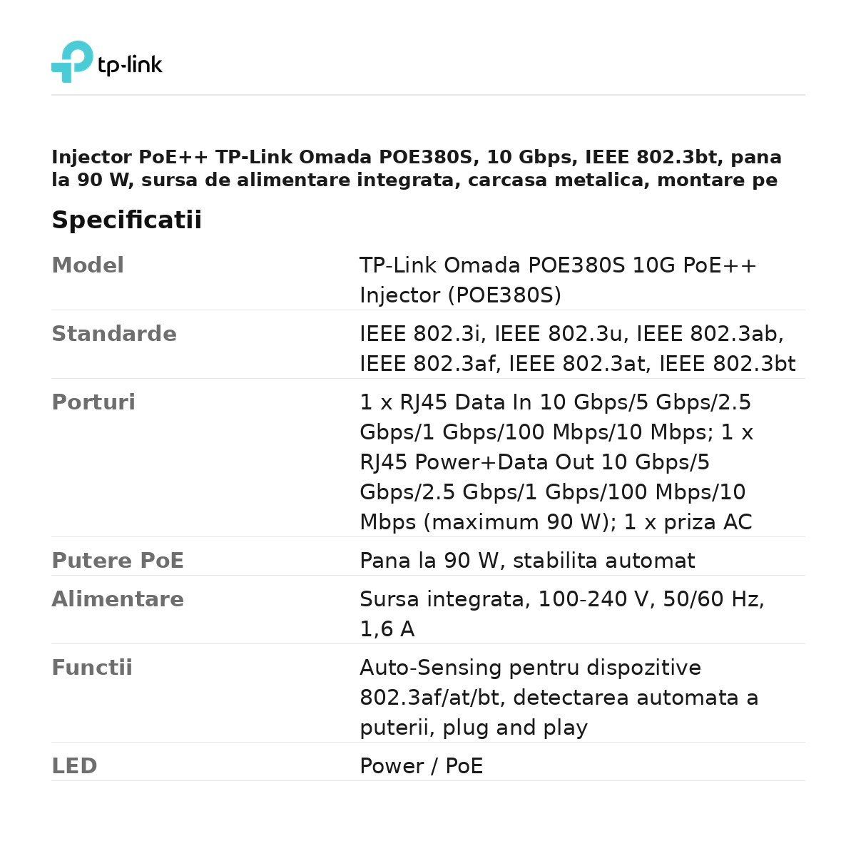 Injector PoE++ TP-Link Omada POE380S, 10 Gbps, IEEE 802.3bt, pana la 90 W, sursa de alimentare integrata, carcasa metalica, montare pe birou sau pe perete [3]