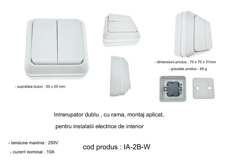Intrerupator cu 2 butoane, aplicat, cu rama, 80 x 80 x 35mm, alb [6]