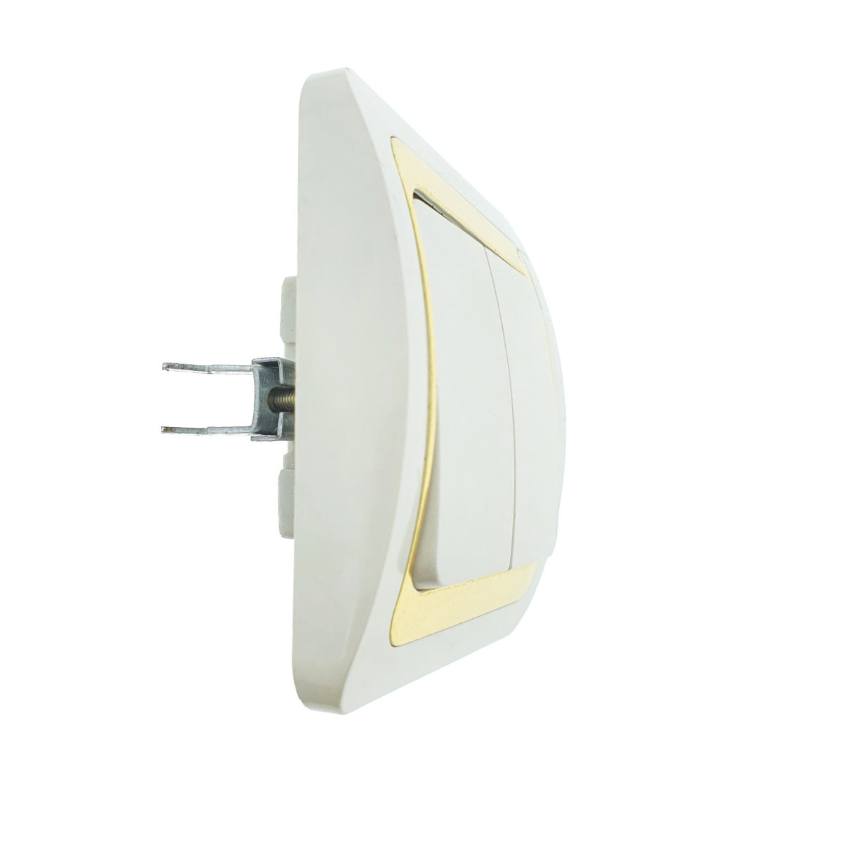 Intrerupator cu 2 butoane, incastrat, cu rama, 80 x 80 x 35mm, alb cu auriu [7]