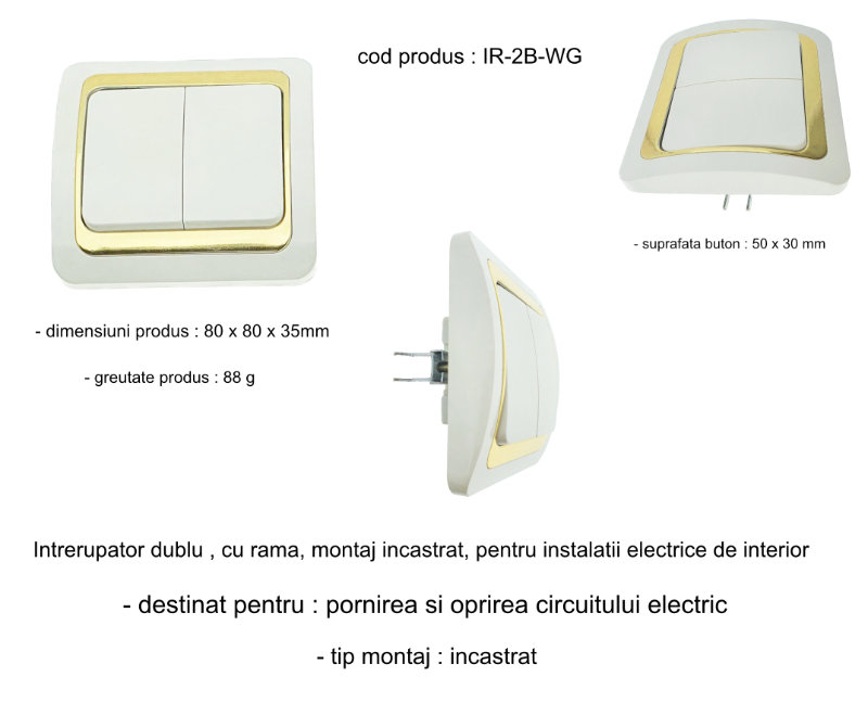 Intrerupator cu 2 butoane, incastrat, cu rama, 80 x 80 x 35mm, alb cu auriu [4]