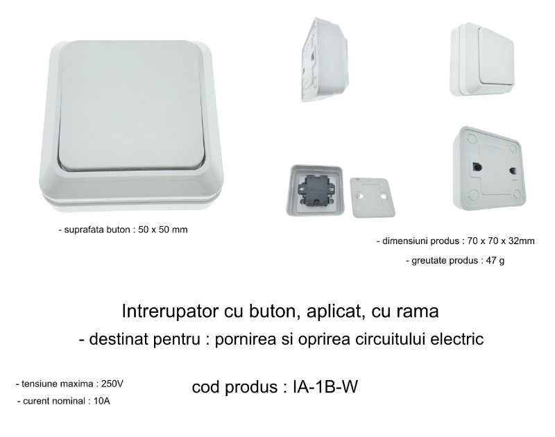Intrerupator cu buton, aplicat, cu rama, 70 x 70 x 32mm, alb [6]