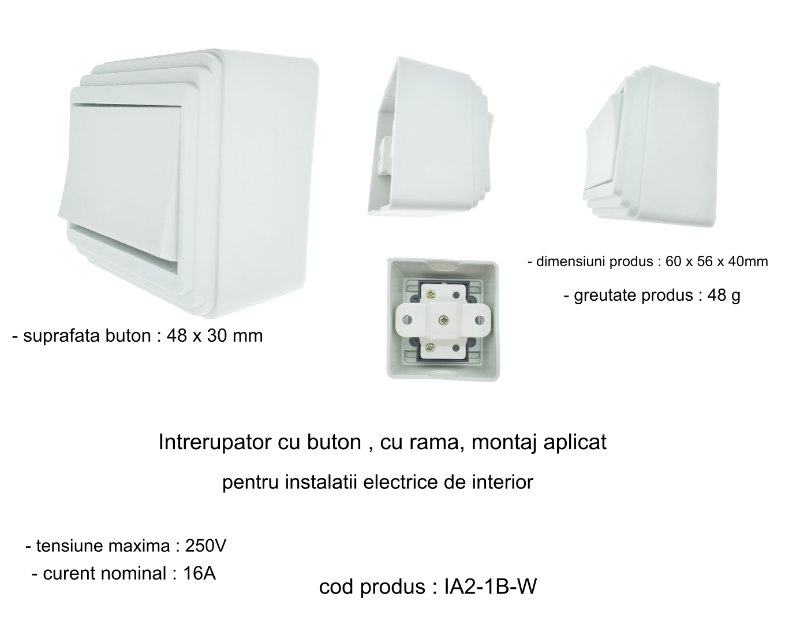 Intrerupator cu buton, montaj aplicat, cu rama, 60 x 56 x 40mm, alb [10]