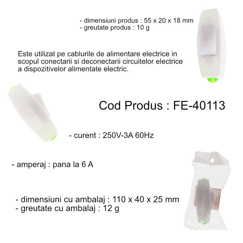 Intrerupator pe fir, FE-40113, 250V-3A, 55 x 20 x 18 mm, alb [10]