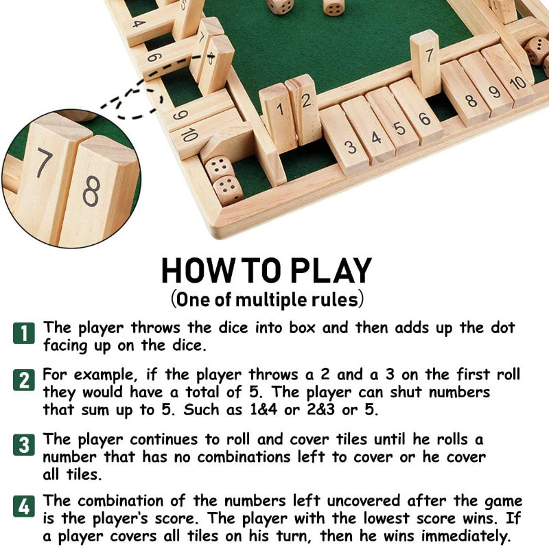 Joc de societate, cu zaruri, Shut The Box Green, 1 - 4 persoane, suprafata 130 x 130 mm, din lemn [19]